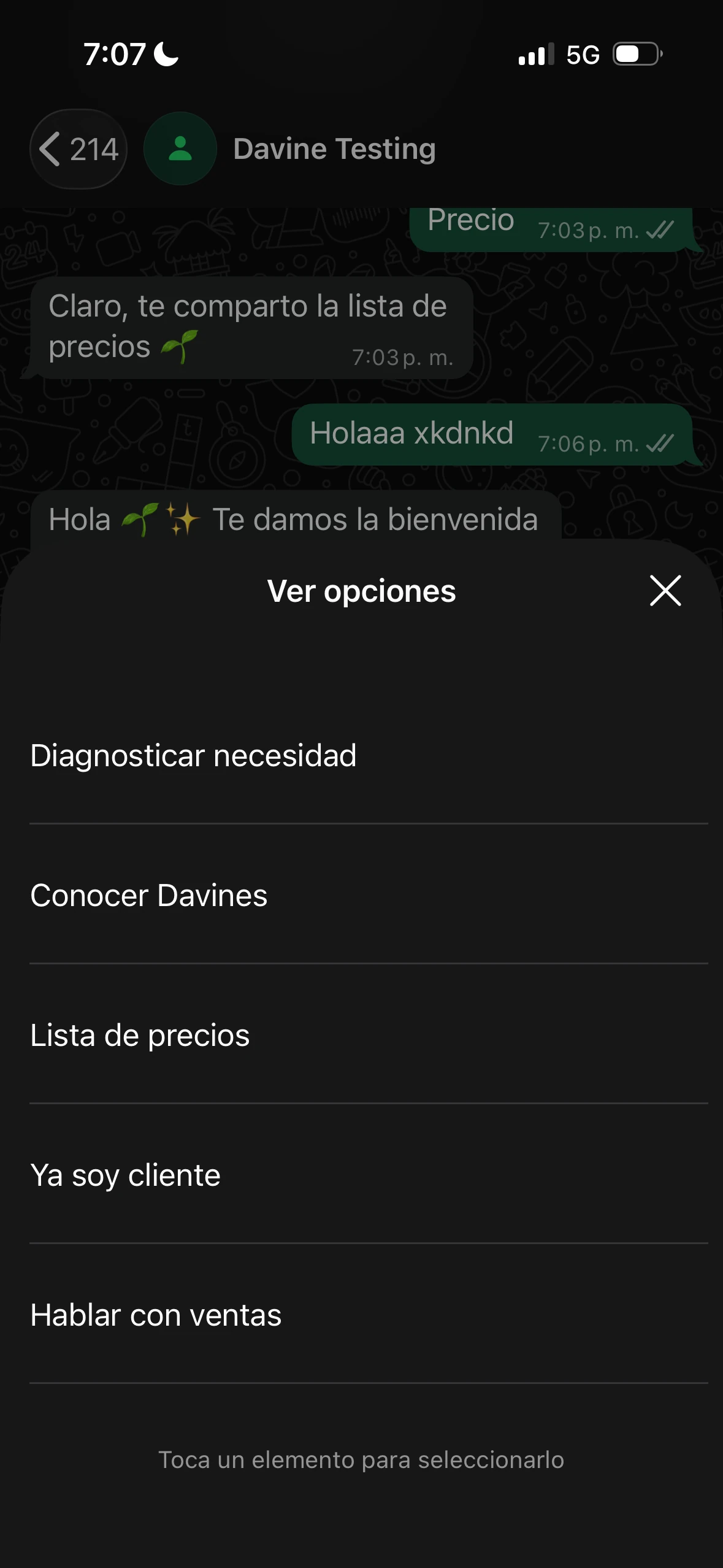 Menú de botones en WhatsApp: Diagnosticar necesidad, Conocer Davines, Lista de precios, Ya soy cliente y Hablar con ventas