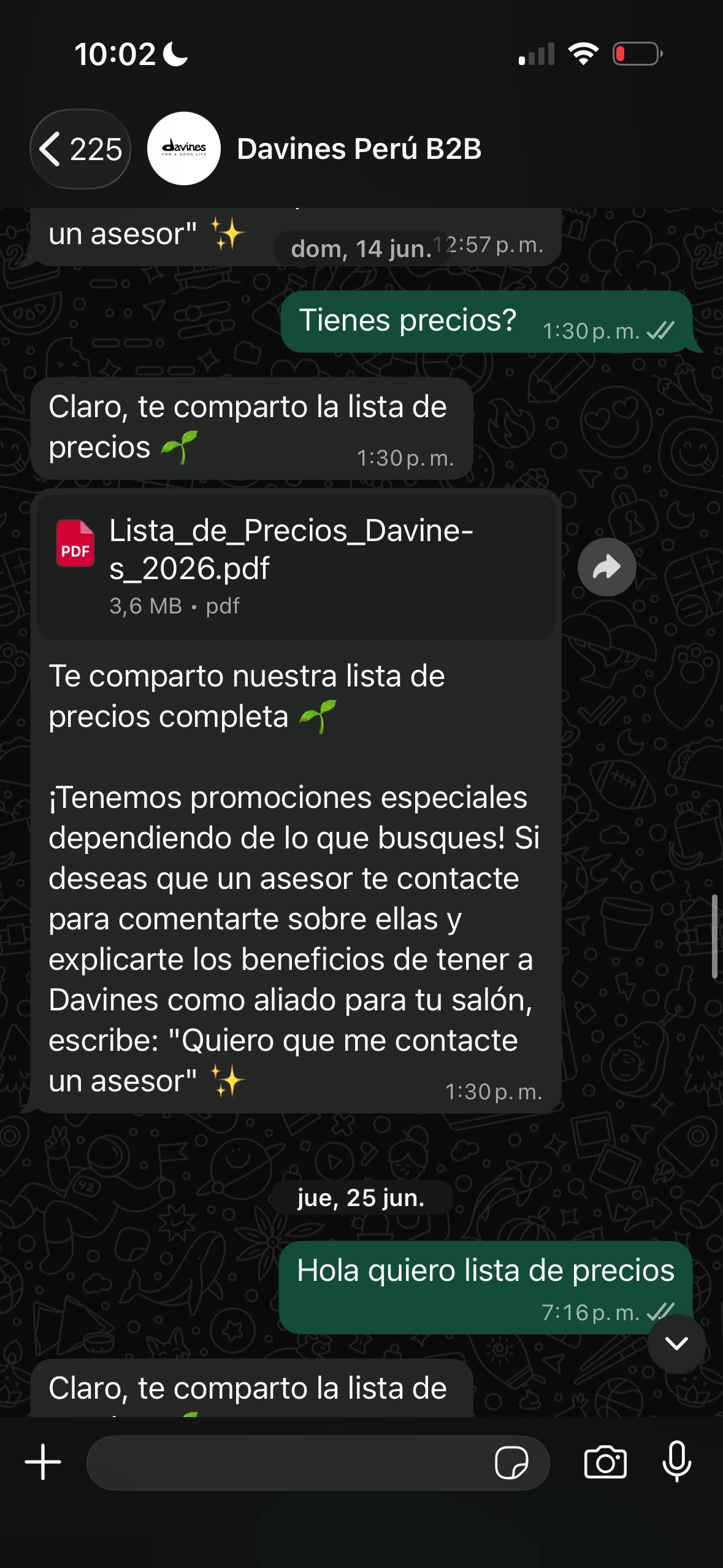 Conversación de WhatsApp: el agente envía la lista de precios en PDF y ofrece que un asesor contacte al salón