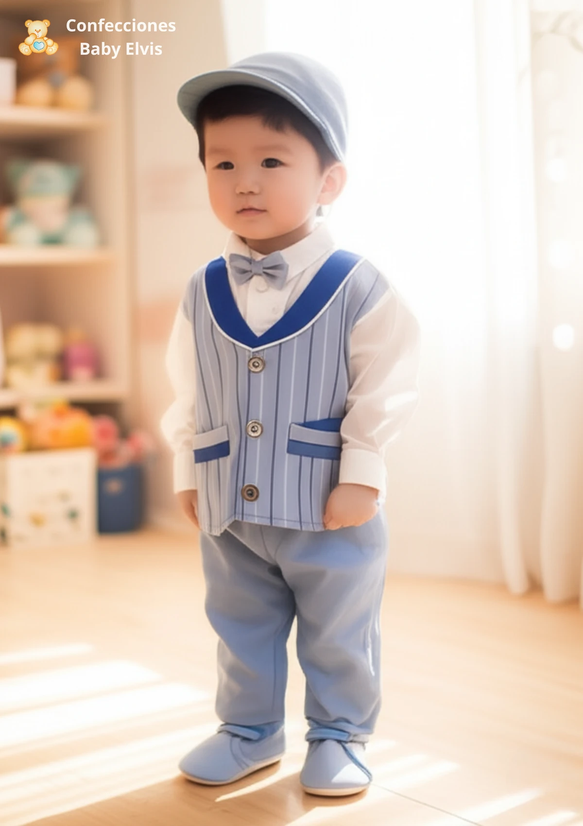 El mismo conjunto de Baby Elvis en un cuarto infantil, imagen de catálogo generada con IA