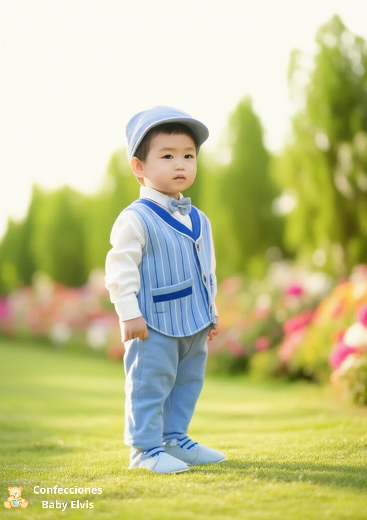 El mismo conjunto de Baby Elvis en un jardín, imagen de catálogo generada con IA