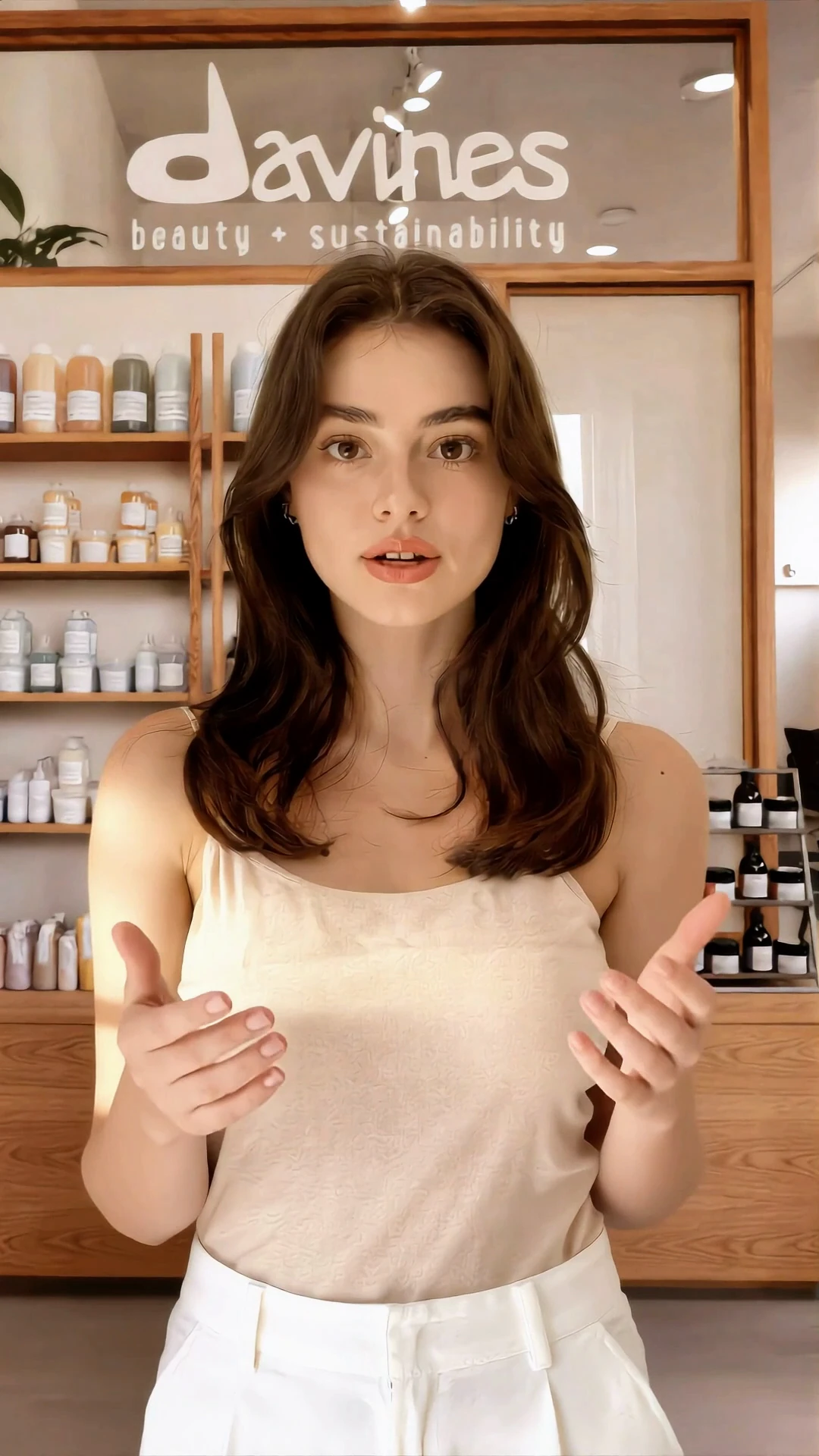 Creadora generada con IA hablando dentro de una tienda con branding Davines