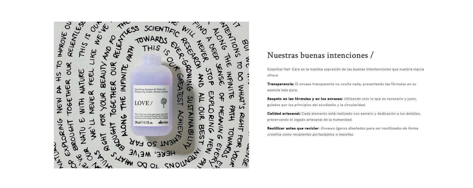 Sección «Nuestras buenas intenciones» con el envase y la propuesta de la línea