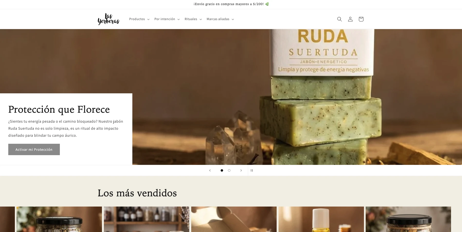 Portada de la tienda de Las Yerberas con la sección «Protección que Florece»