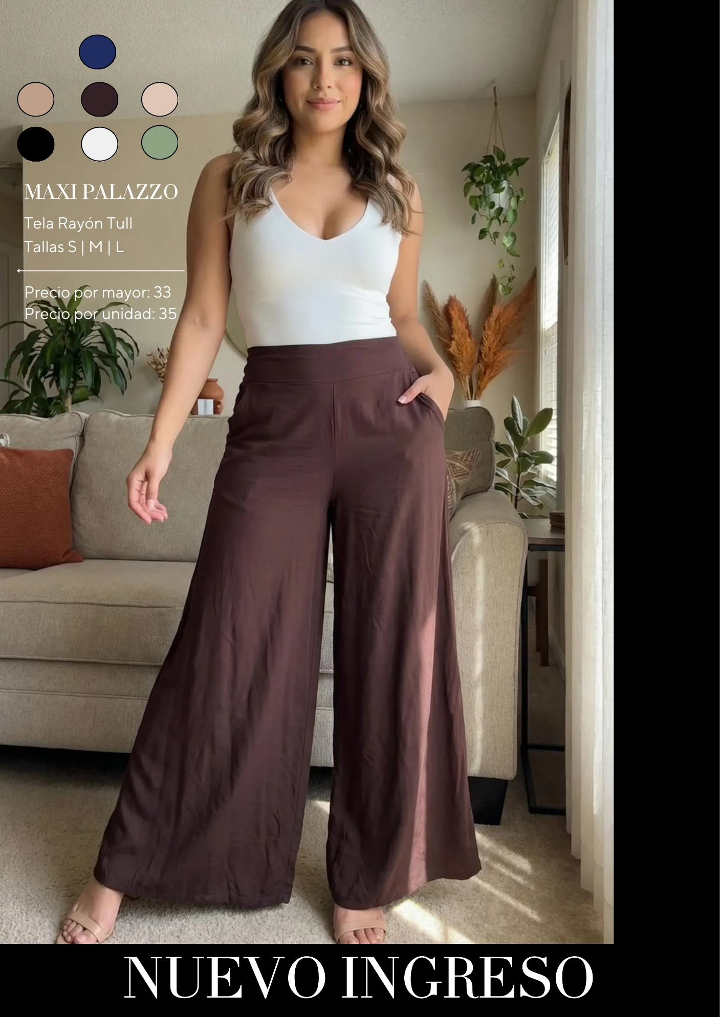 Ficha de catálogo: palazo con botones, con colores, tela, tallas y precios
